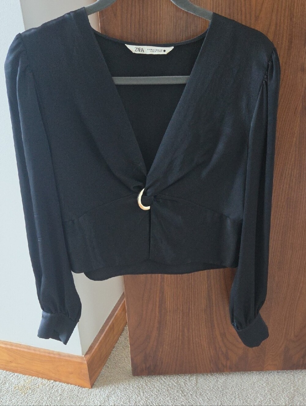Zara Black V-Neck Long Sleeve Top with Gold Ring Accent